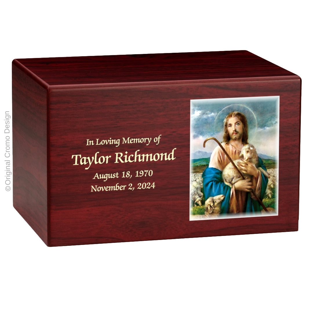 Catholic cremation urn with Jesus Shepherd Wood finish by Cromo NB