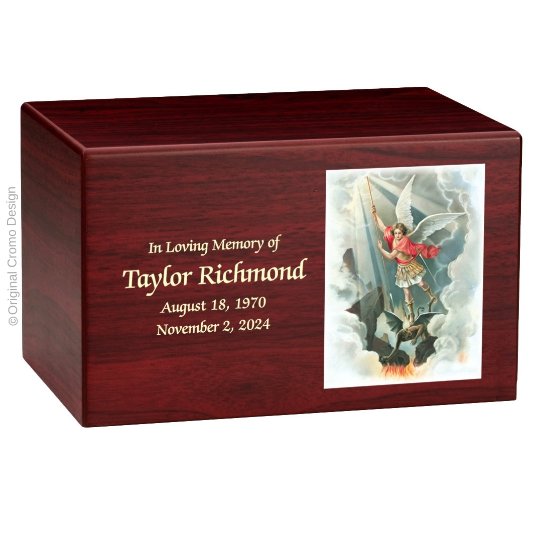 Catholic cremation urn with Our Lady of the Rosary Wood finish by Cromo NB