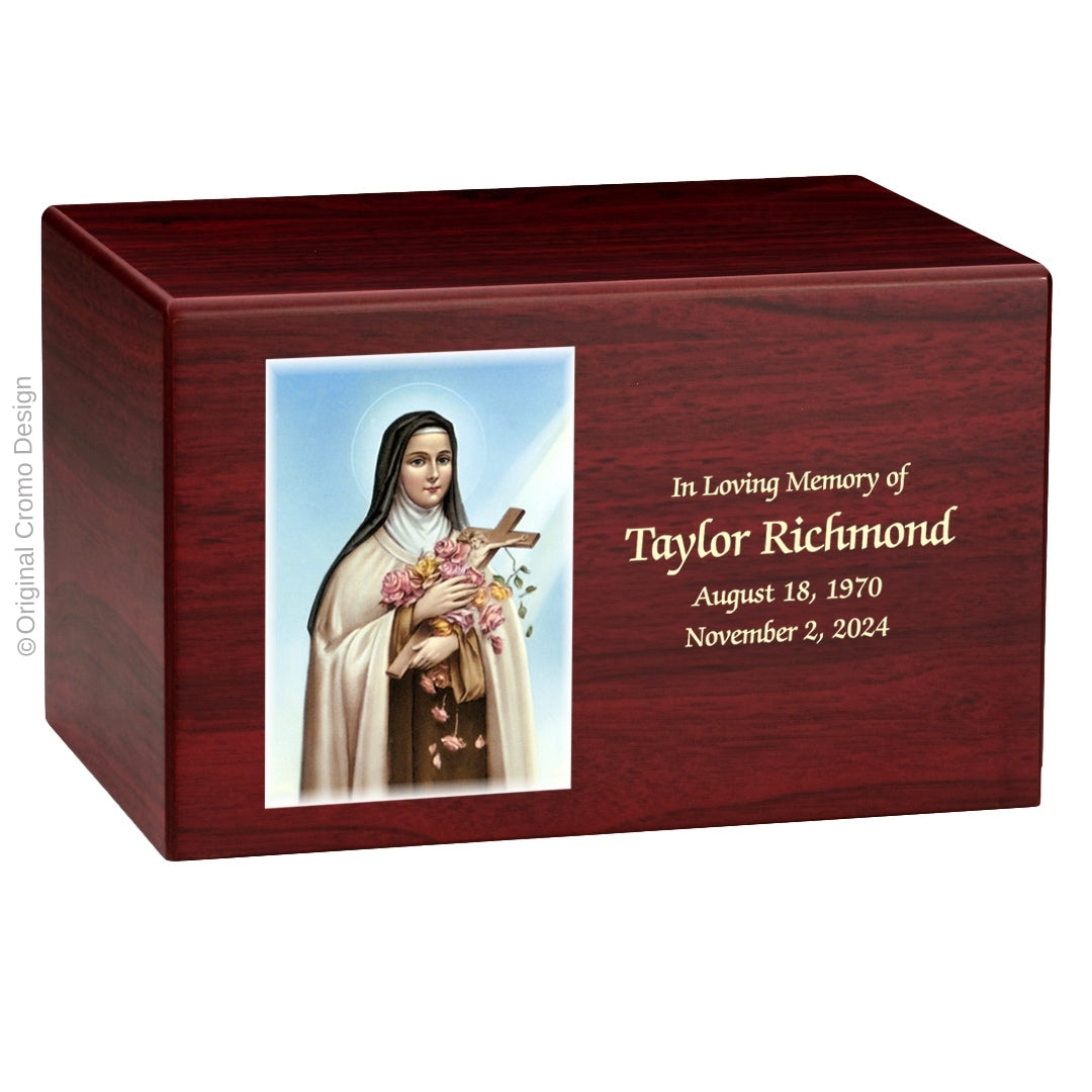 Catholic cremation urn with Saint Therese Wood finish by Cromo NB
