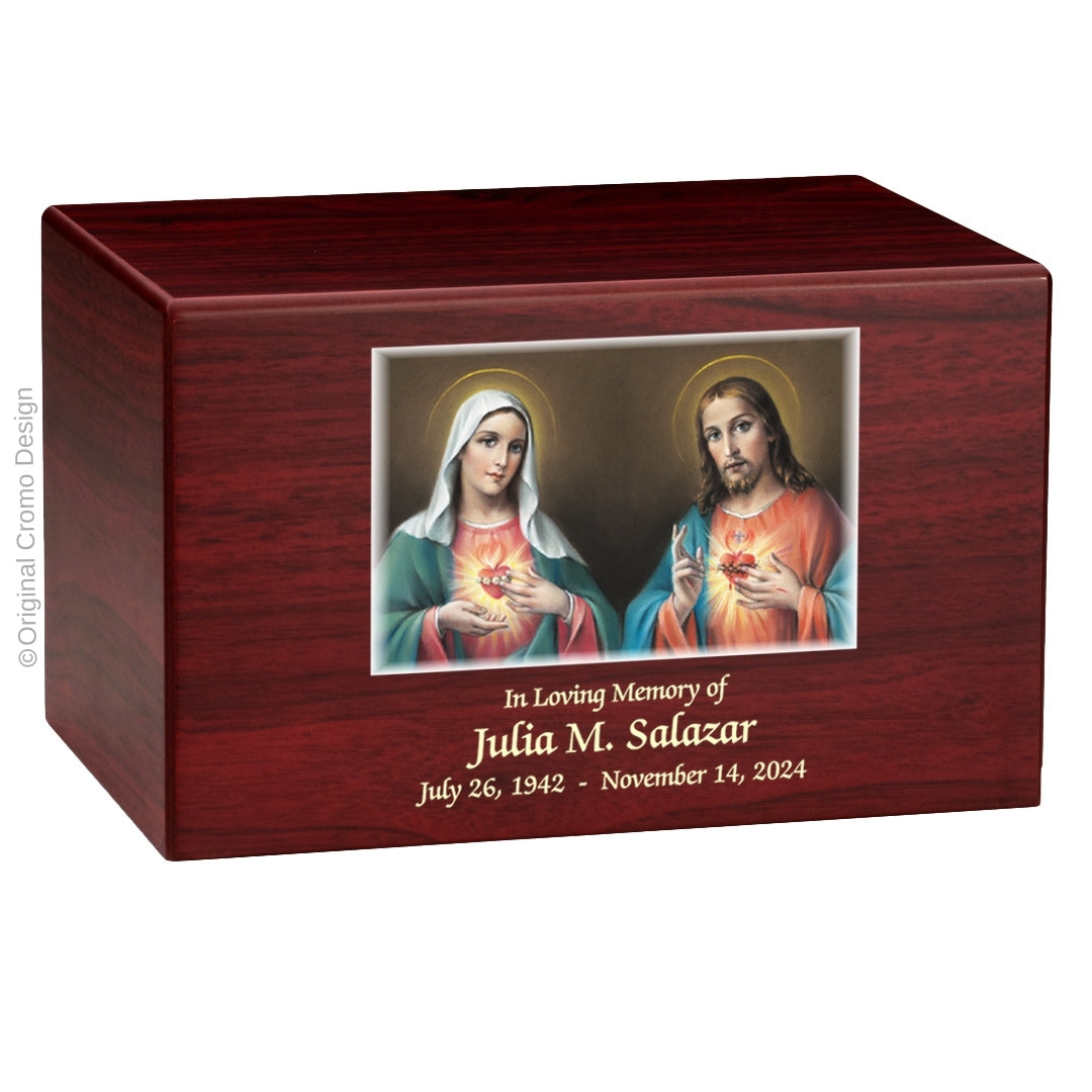 Catholic cremation urn with Twin Hearts Wood finish by Cromo NB