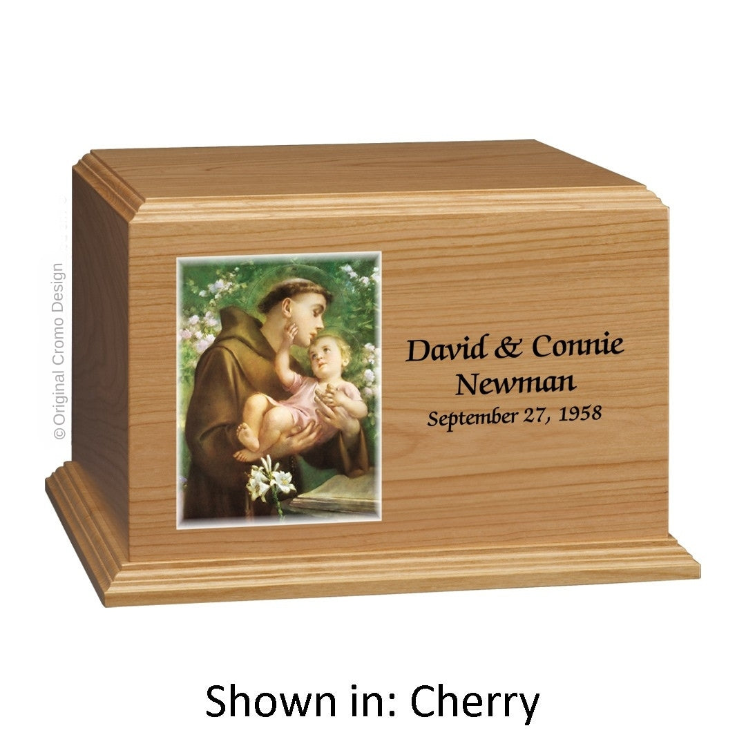 Catholic cremation urn with Saint Anthony Cherry finish by Cromo NB