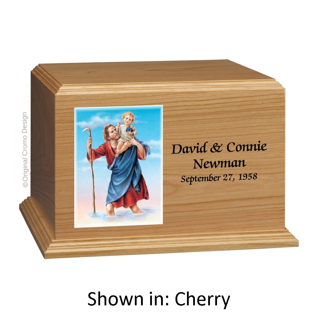 Catholic cremation urn with Saint Christopher Wood finish by Cromo NB