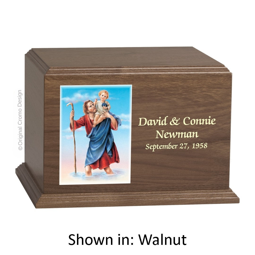 Catholic cremation urn with Saint Christopher Wood finish by Cromo NB