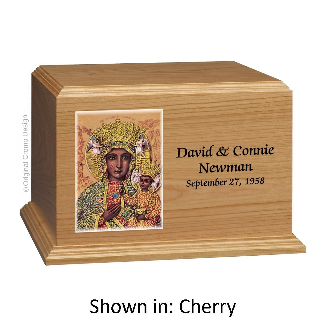 Catholic cremation urn with Our Lady of Czetechowa Wood finish by Cromo NB