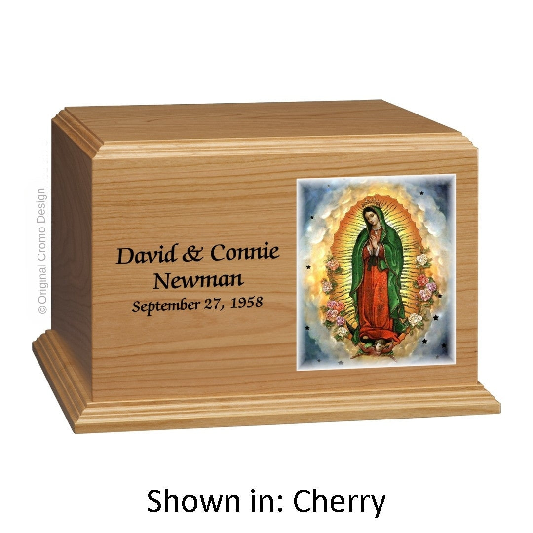 Catholic cremation urn with Our Lady of Guadalupe Wood finish by Cromo NB