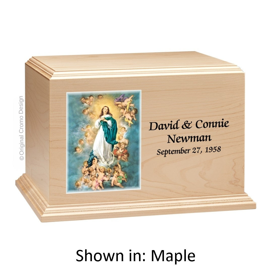 Catholic cremation urn with Immaculate Conception Wood finish by Cromo NB