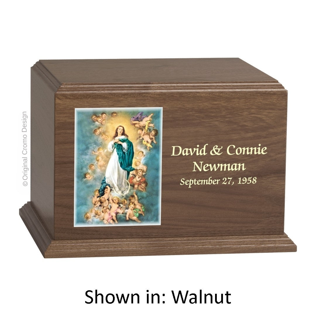 Catholic cremation urn with Immaculate Conception Wood finish by Cromo NB