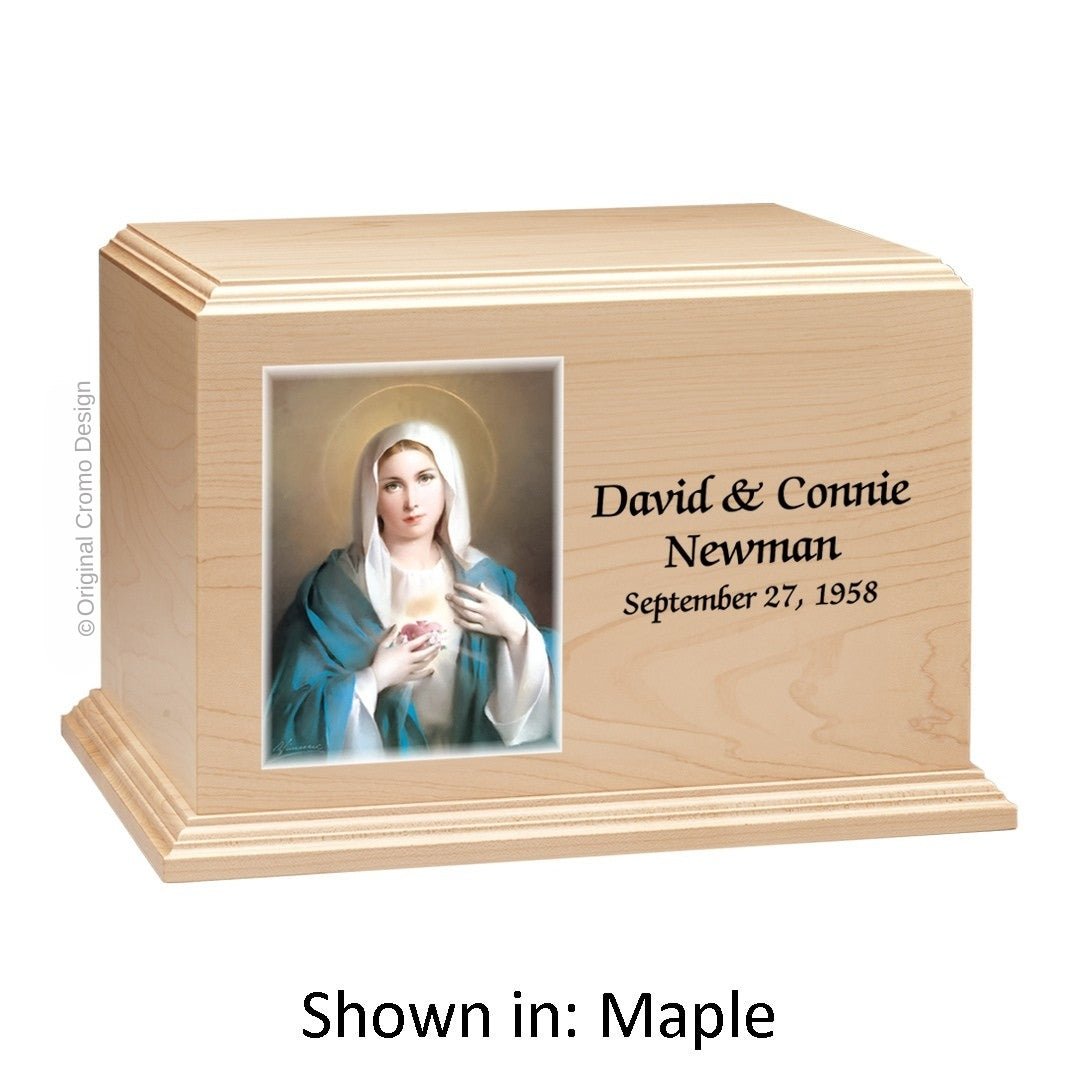 Catholic cremation urn with Immaculate Heart of Mary Wood finish by Cromo NB