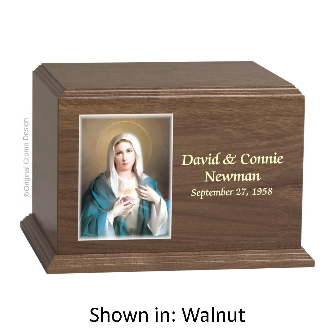 Catholic cremation urn with Immaculate Heart of Mary Wood finish by Cromo NB