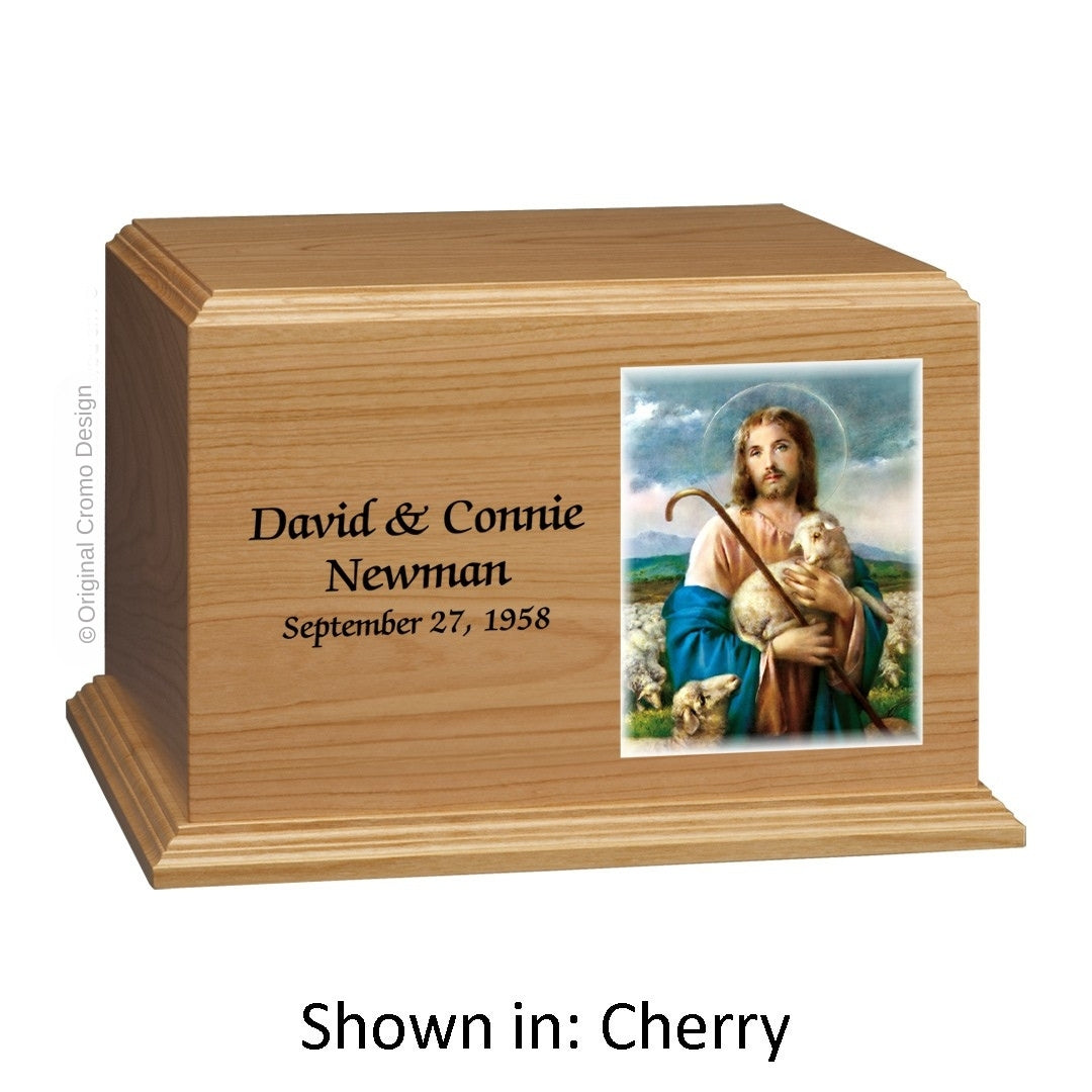 Catholic cremation urn with Jesus Shepherd Wood finish by Cromo NB