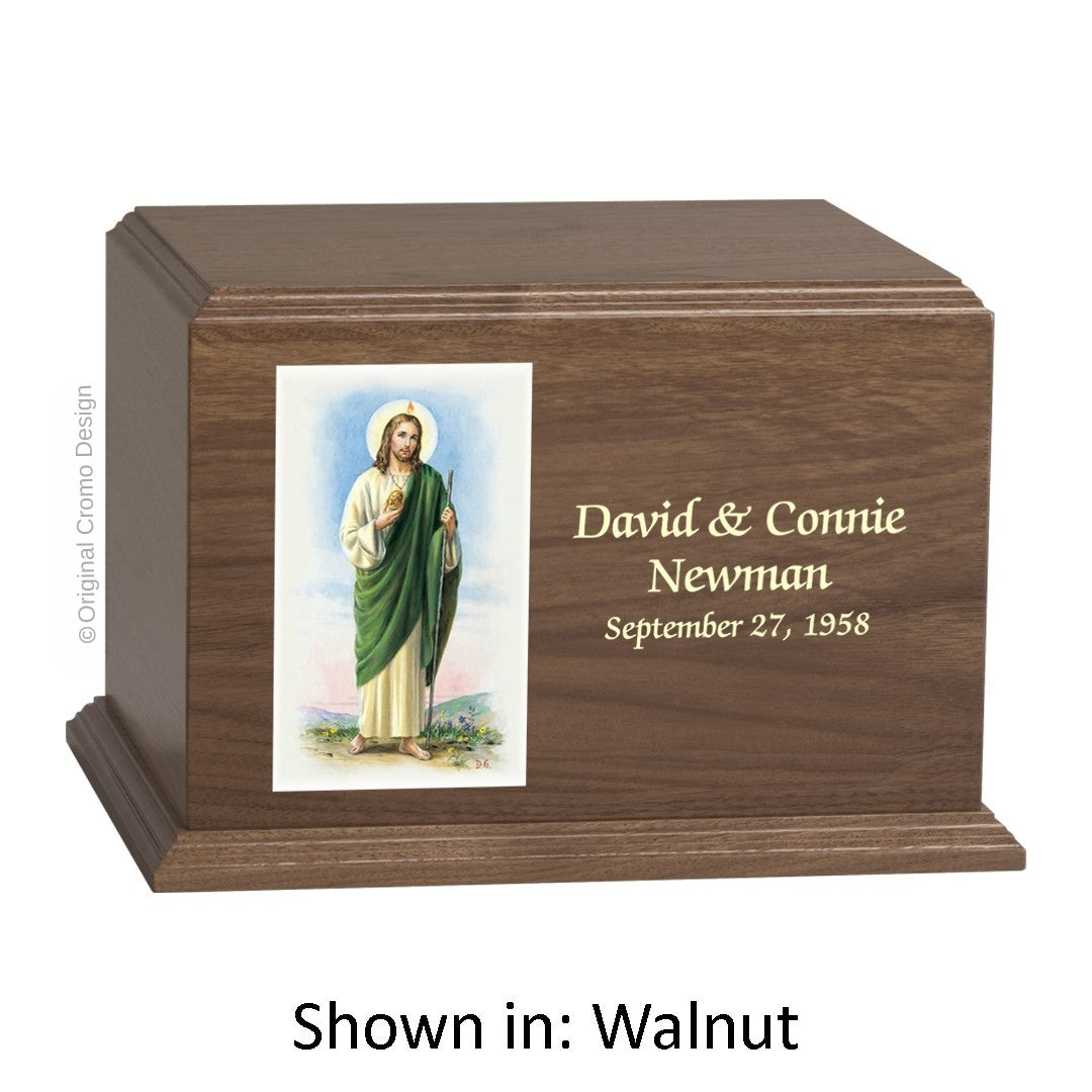 Catholic cremation urn with Saint Jude Wood finish by Cromo NB