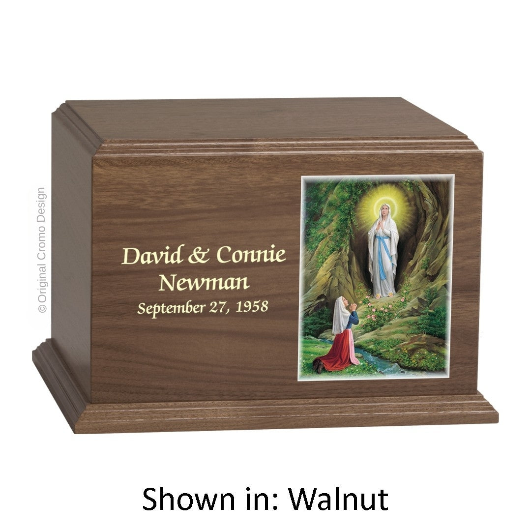 Catholic cremation urn with Twin Hearts Wood finish by Cromo NB