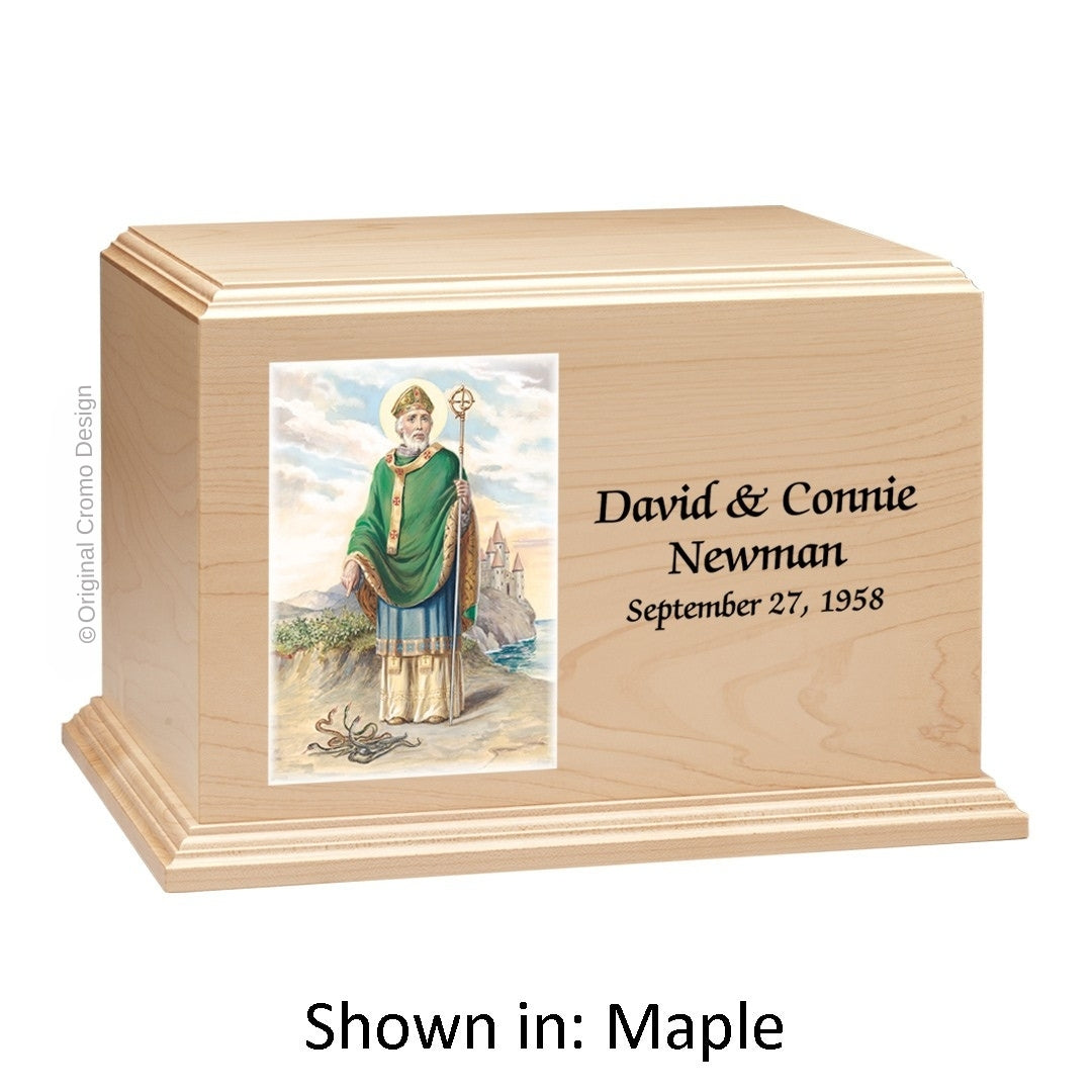 Catholic cremation urn with Our Lady of Lourdes Wood finish by Cromo NB
