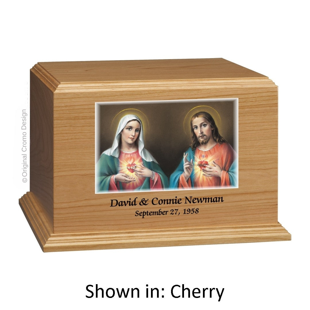 Catholic cremation urn with Sacred Heart of Jesus Wood finish by Cromo NB