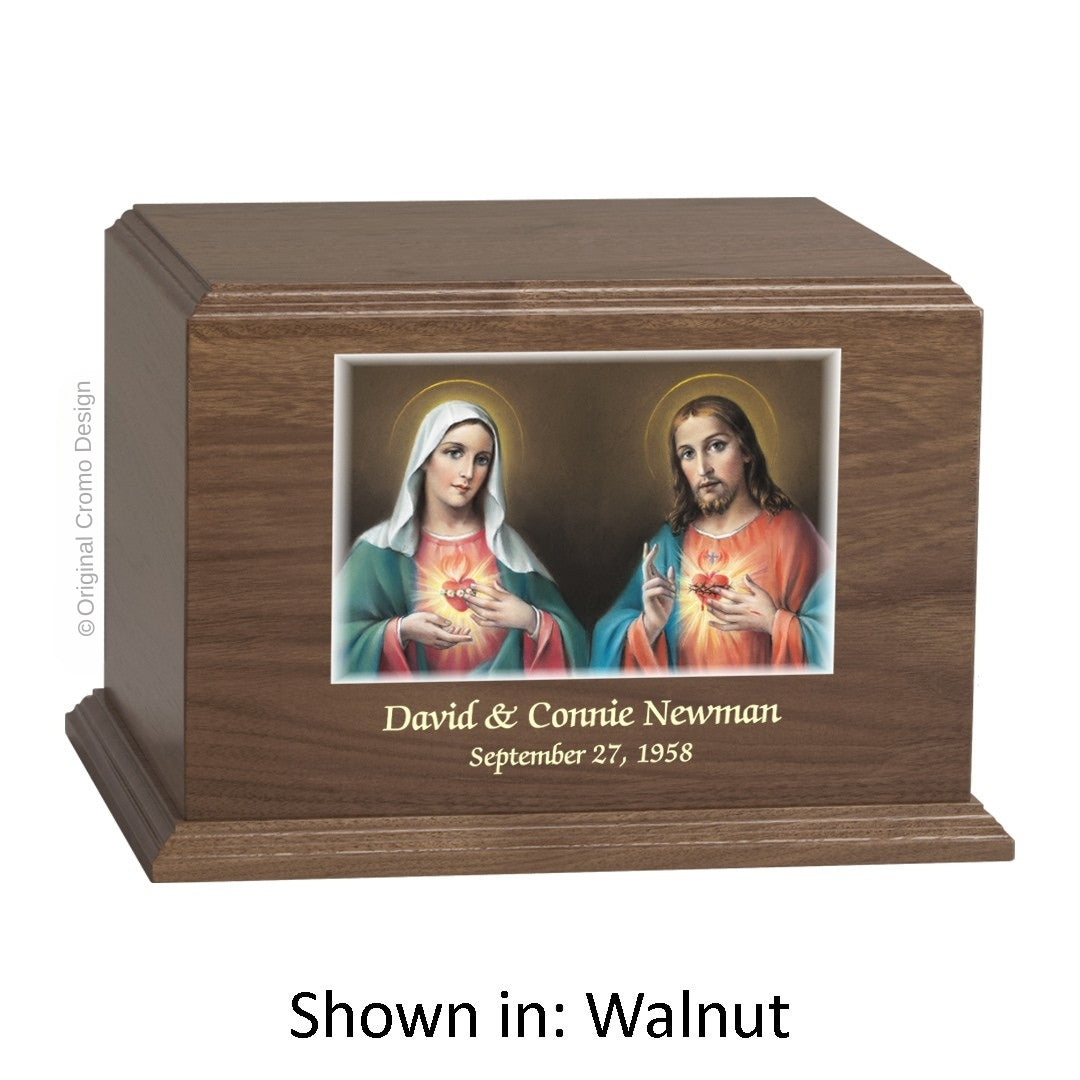 Catholic cremation urn with Sacred Heart of Jesus Wood finish by Cromo NB