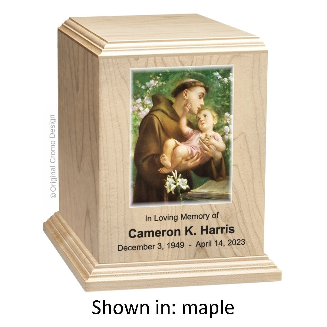 Catholic cremation urn with Saint Anthony Maple finish by Cromo NB