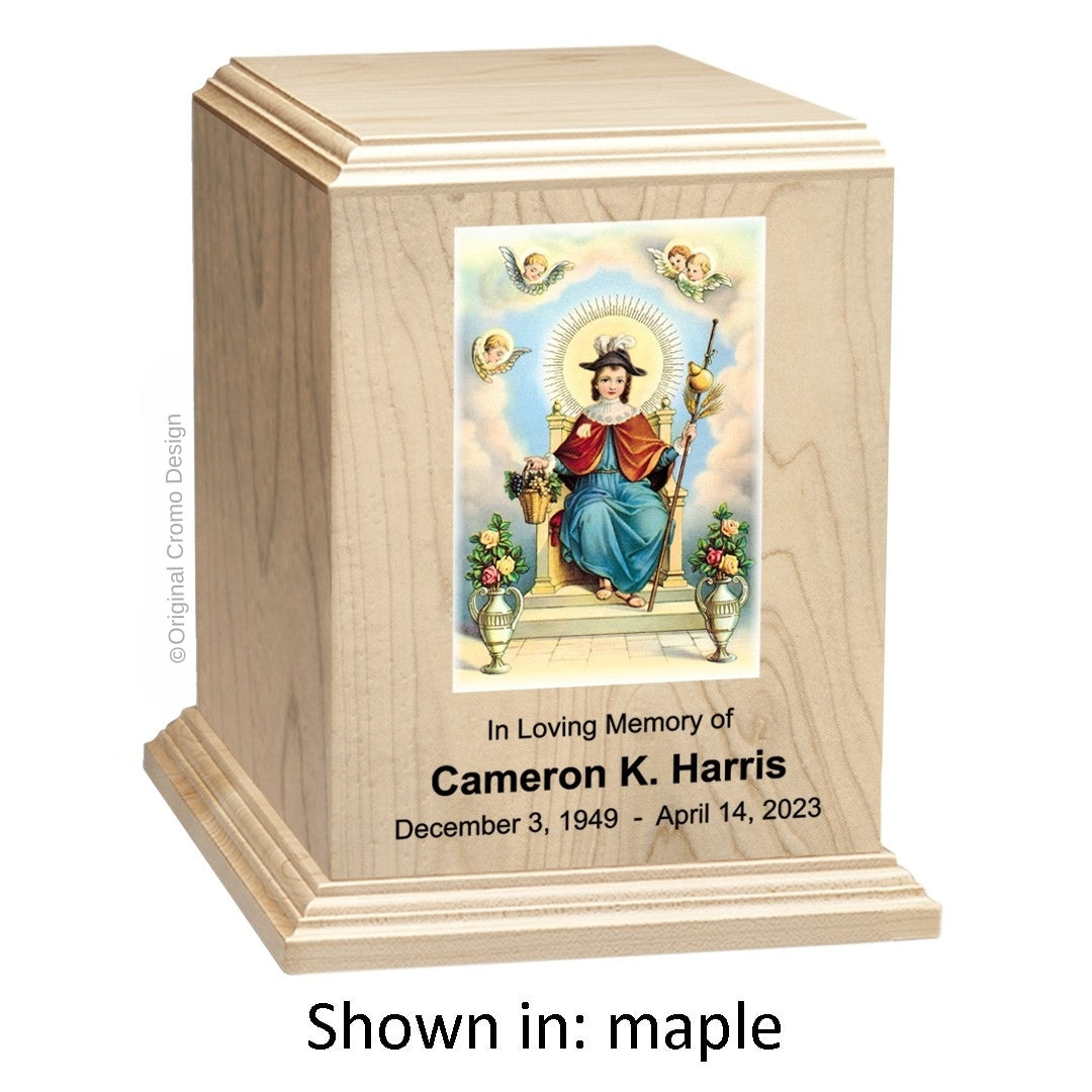 Catholic cremation urn with Child of Atocha Wood finish by Cromo NB