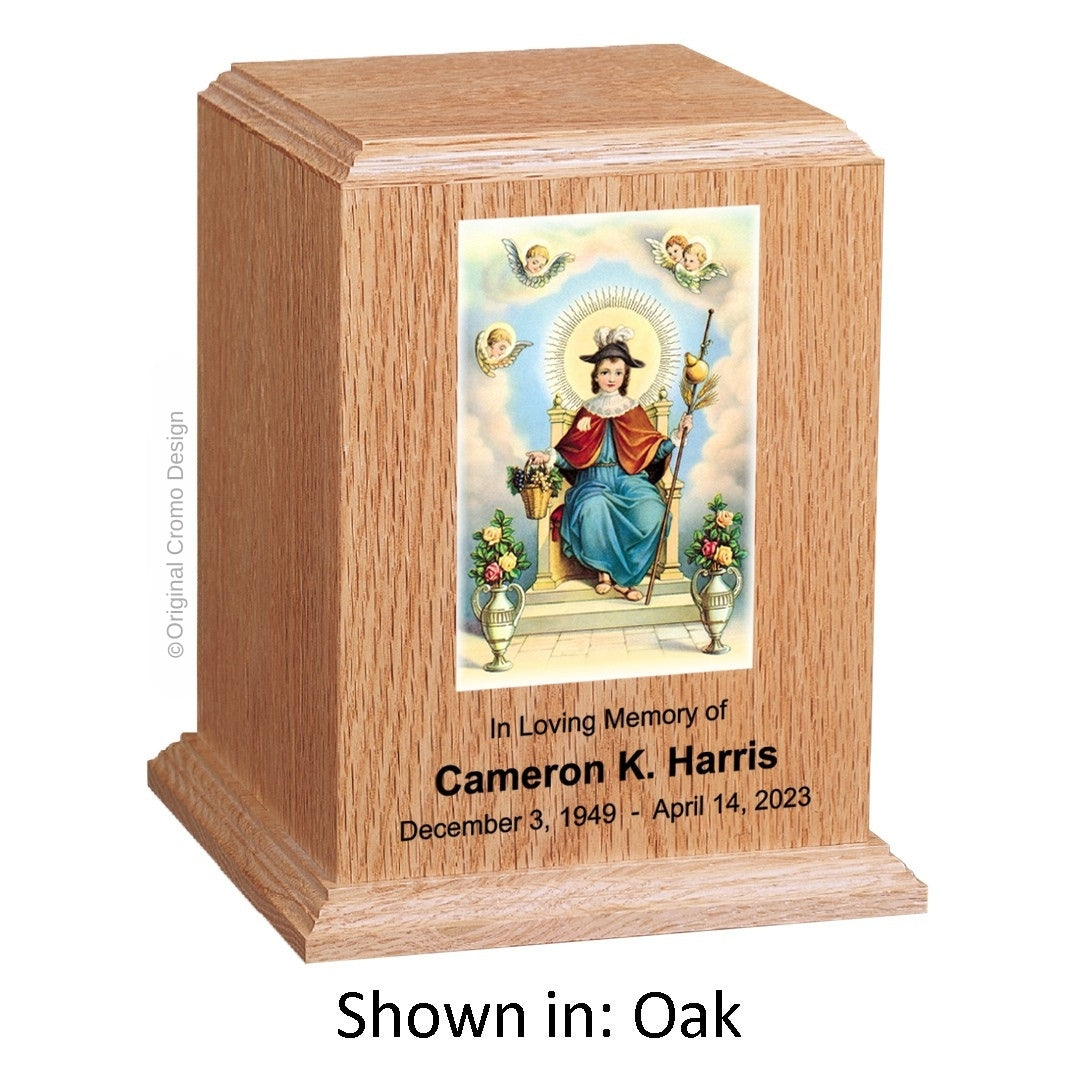 Catholic cremation urn with Child of Atocha Wood finish by Cromo NB