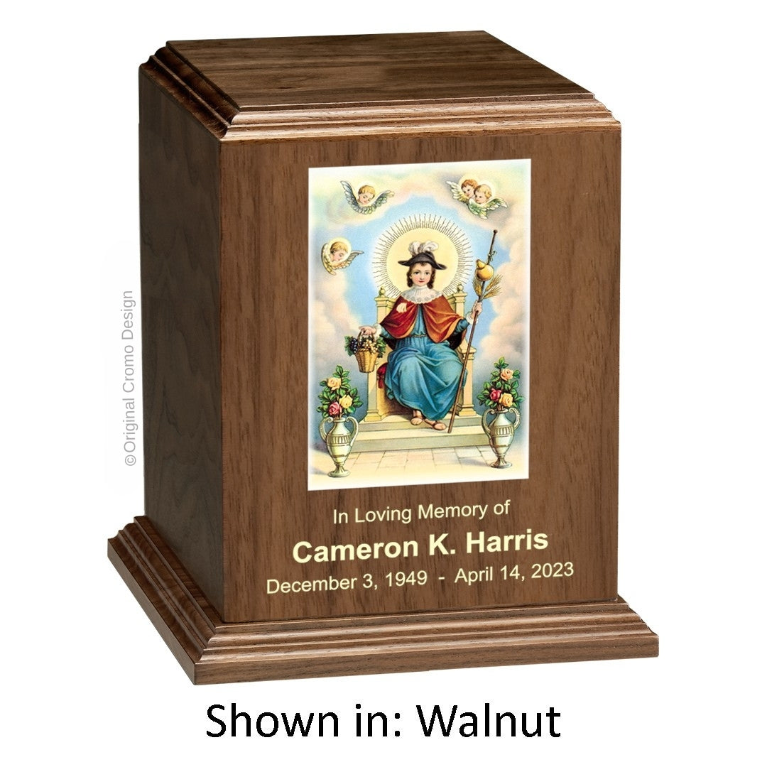 Catholic cremation urn with Child of Atocha Wood finish by Cromo NB