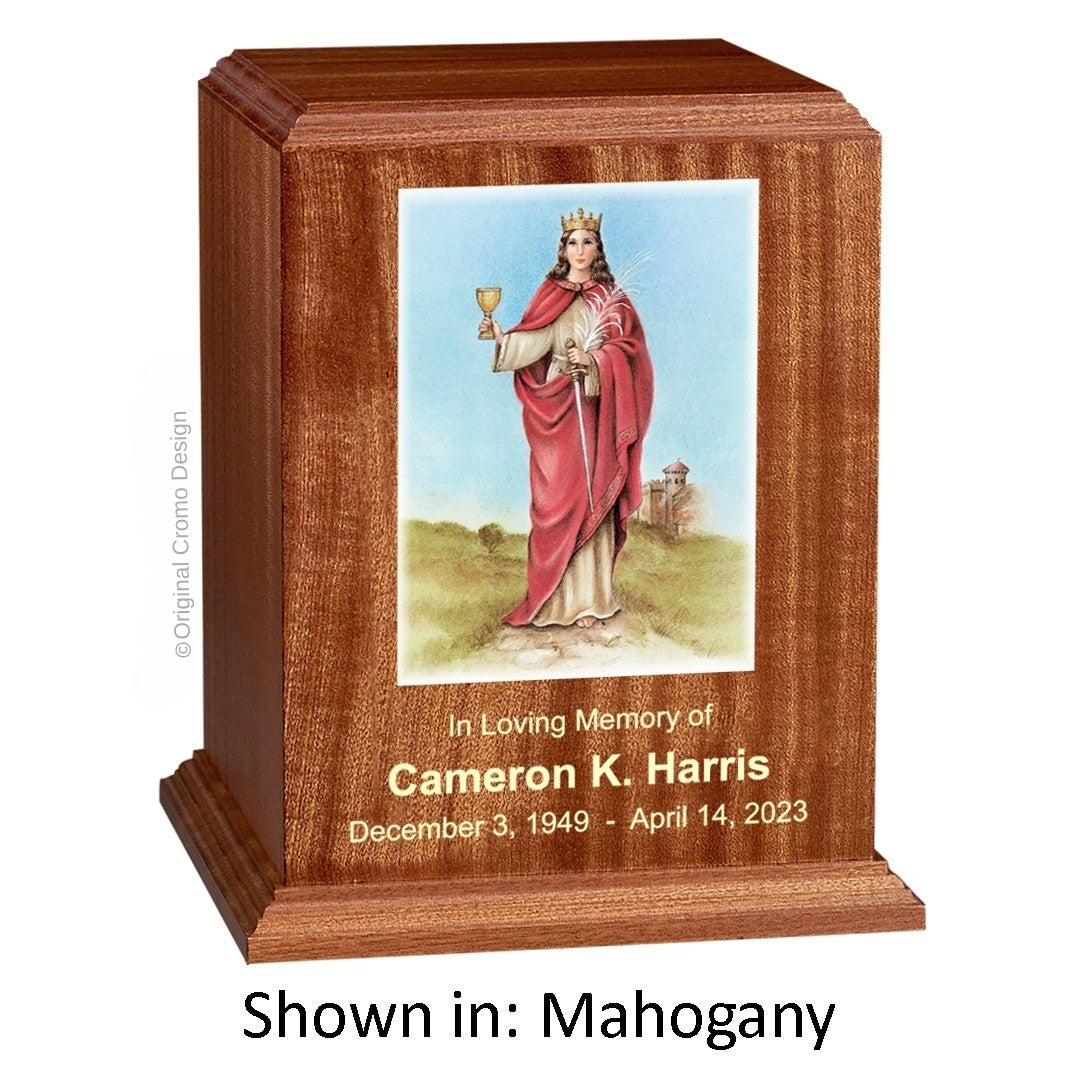 Catholic cremation urn with Our Lady of Santa Barbara Wood finish by Cromo NB