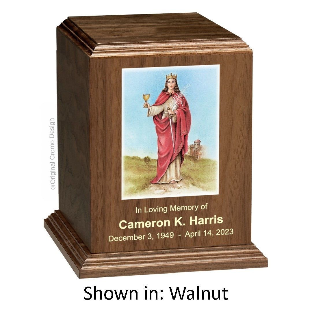 Catholic cremation urn with Our Lady of Santa Barbara Wood finish by Cromo NB