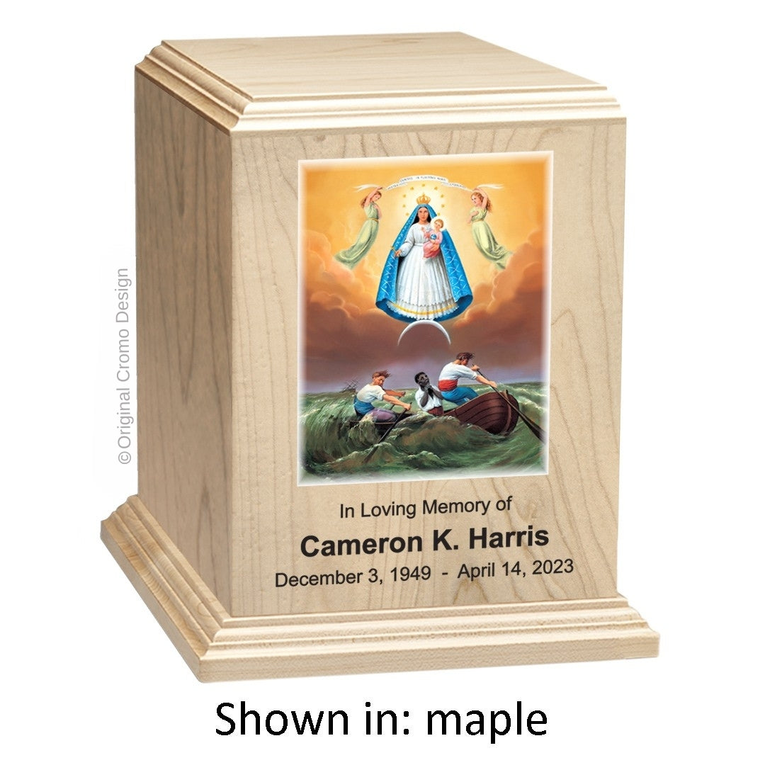 Catholic cremation urn with Our Lady of Charity Wood finish by Cromo NB