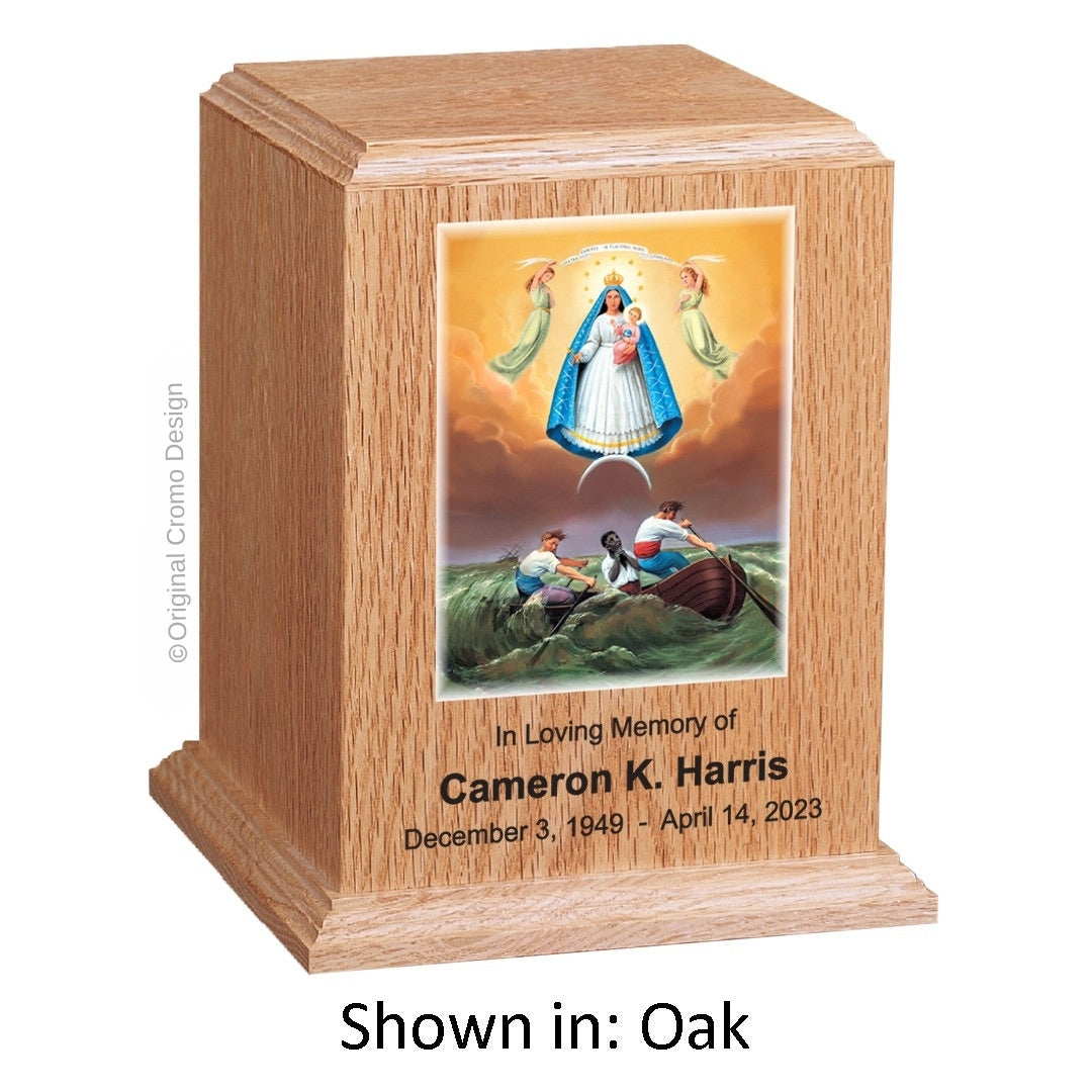 Catholic cremation urn with Our Lady of Charity Wood finish by Cromo NB