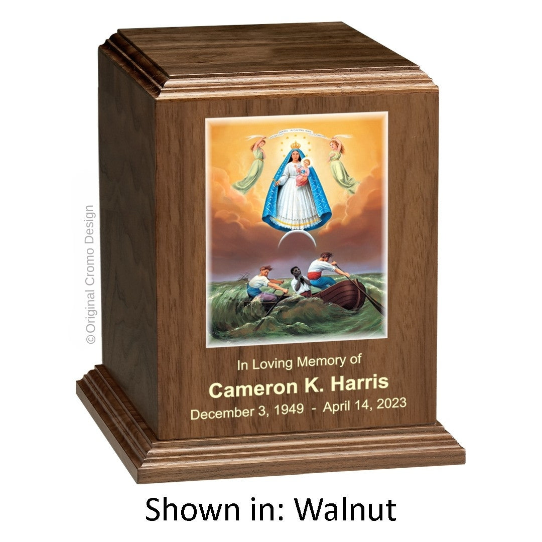 Catholic cremation urn with Our Lady of Charity Wood finish by Cromo NB