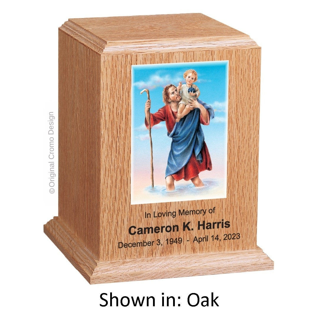 Catholic cremation urn with Saint Christopher Wood finish by Cromo NB