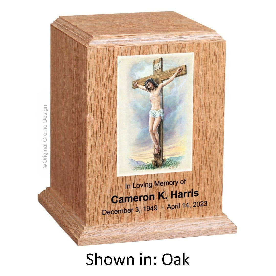 Catholic cremation urn with Crucifixion Wood finish by Cromo NB