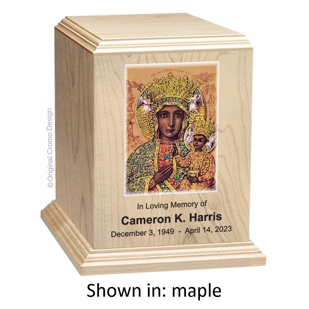 Catholic cremation urn with Our Lady of Czetechowa Wood finish by Cromo NB