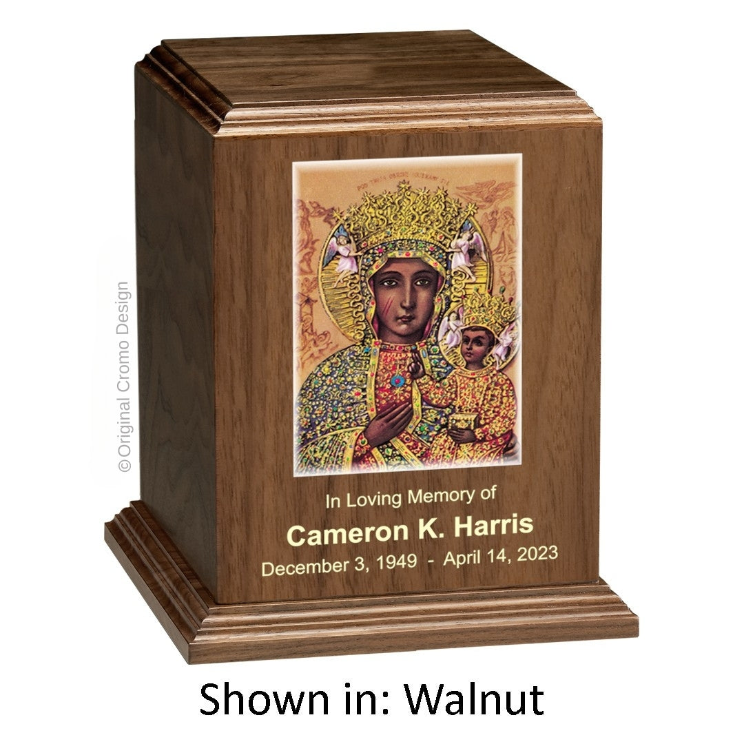 Catholic cremation urn with Our Lady of Czetechowa Wood finish by Cromo NB