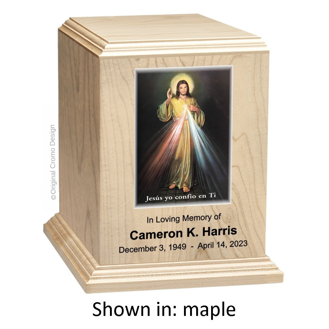 Catholic cremation urn with Divine Mercy Spanish Wood finish by Cromo NB