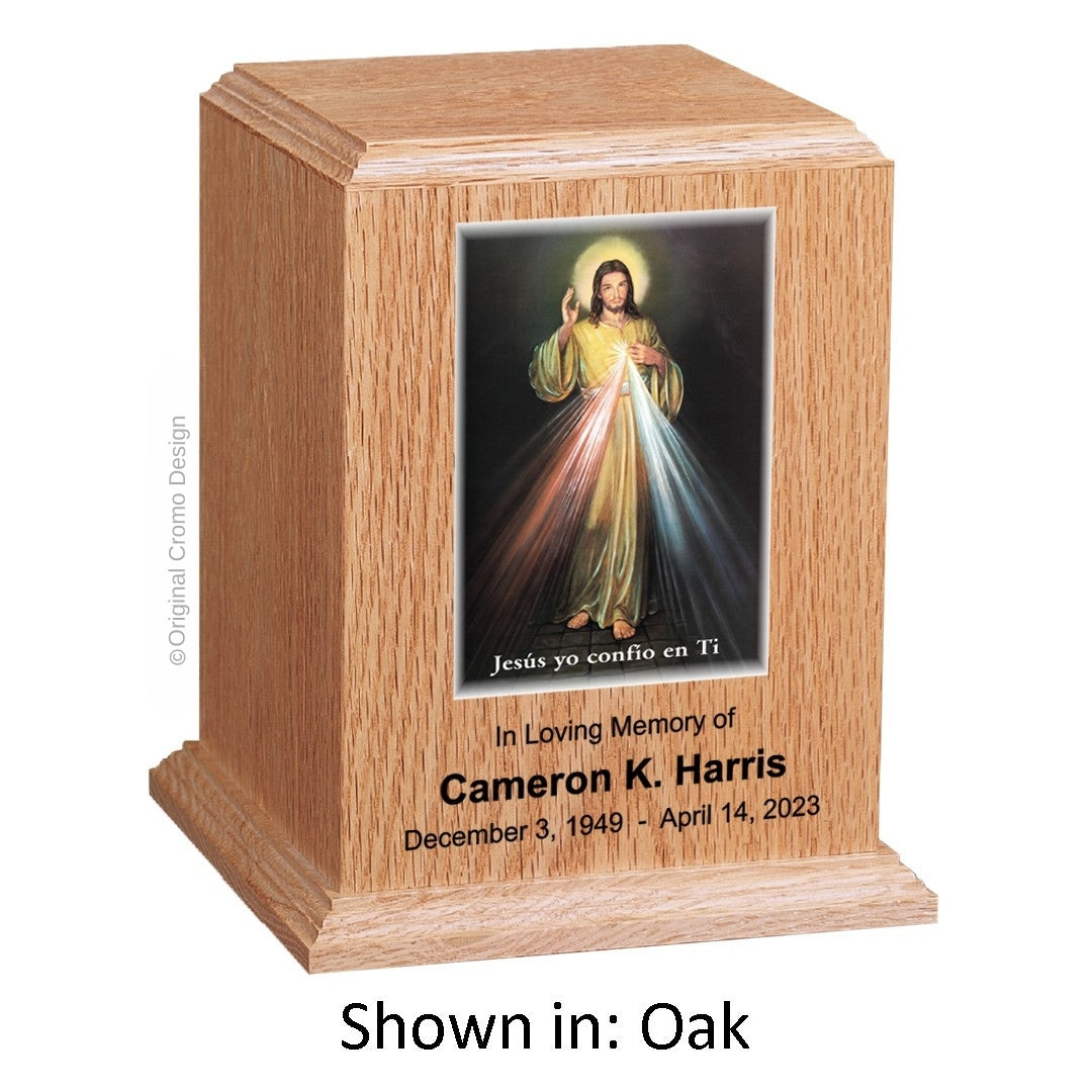 Catholic cremation urn with Divine Mercy Spanish Wood finish by Cromo NB