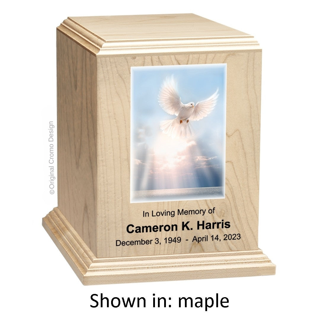 Catholic cremation urn with White Dove Wood finish by Cromo NB