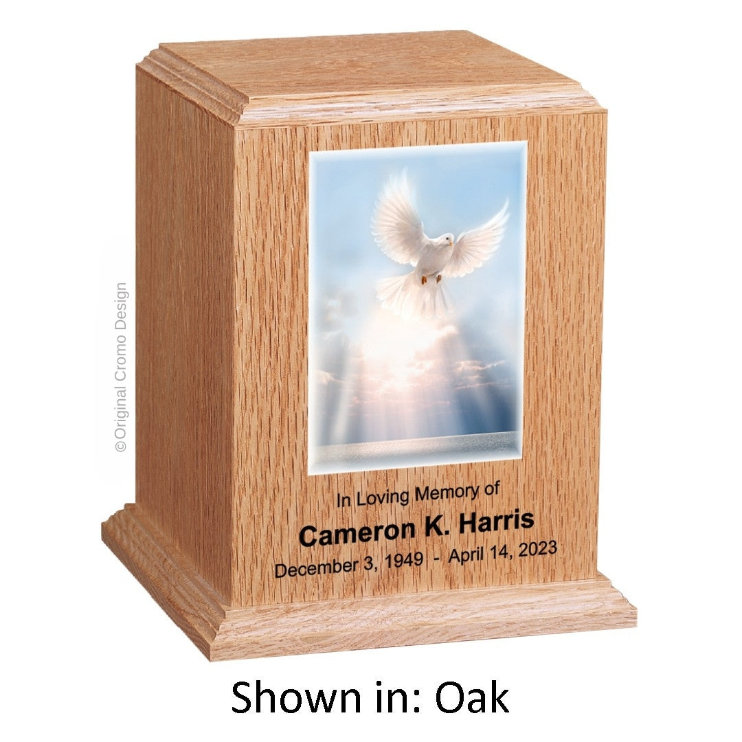Catholic cremation urn with White Dove Wood finish by Cromo NB