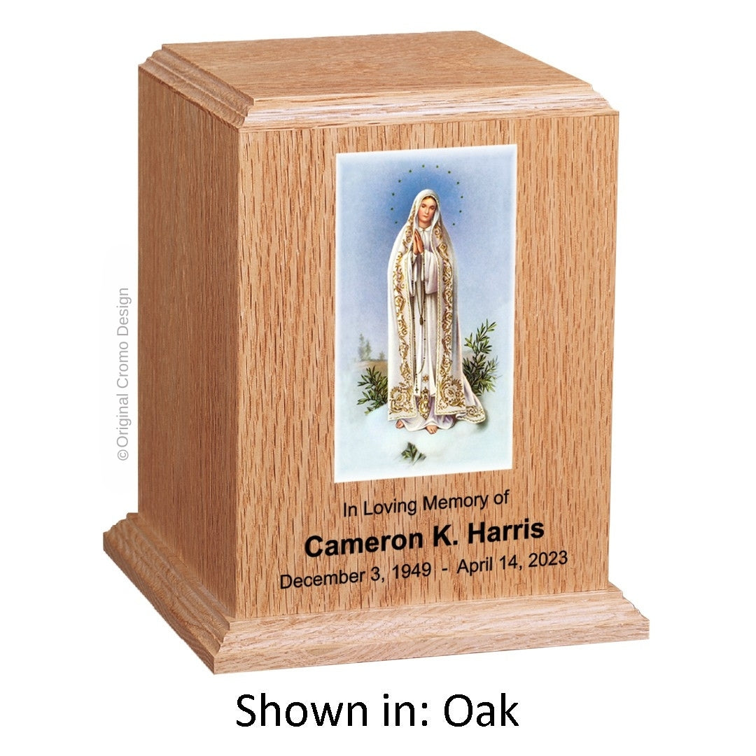 Catholic cremation urn with Our Lady of Fatima Wood finish by Cromo NB