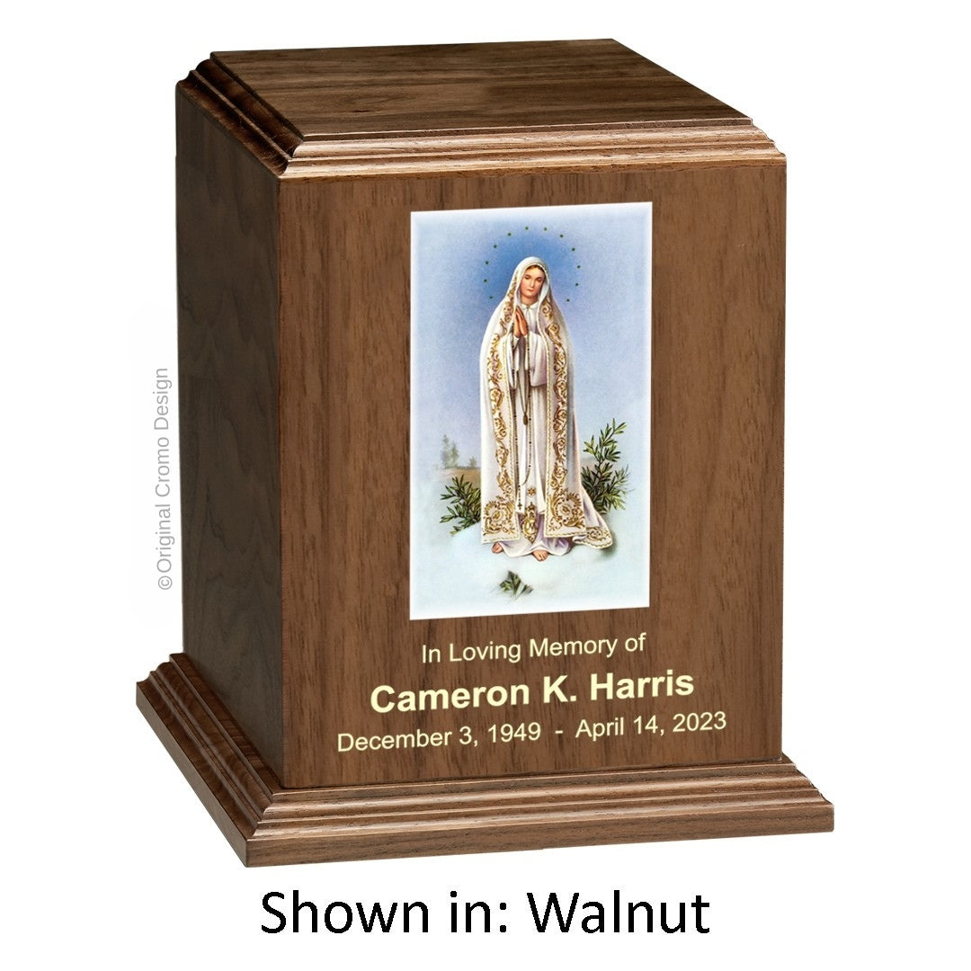 Catholic cremation urn with Our Lady of Fatima Wood finish by Cromo NB