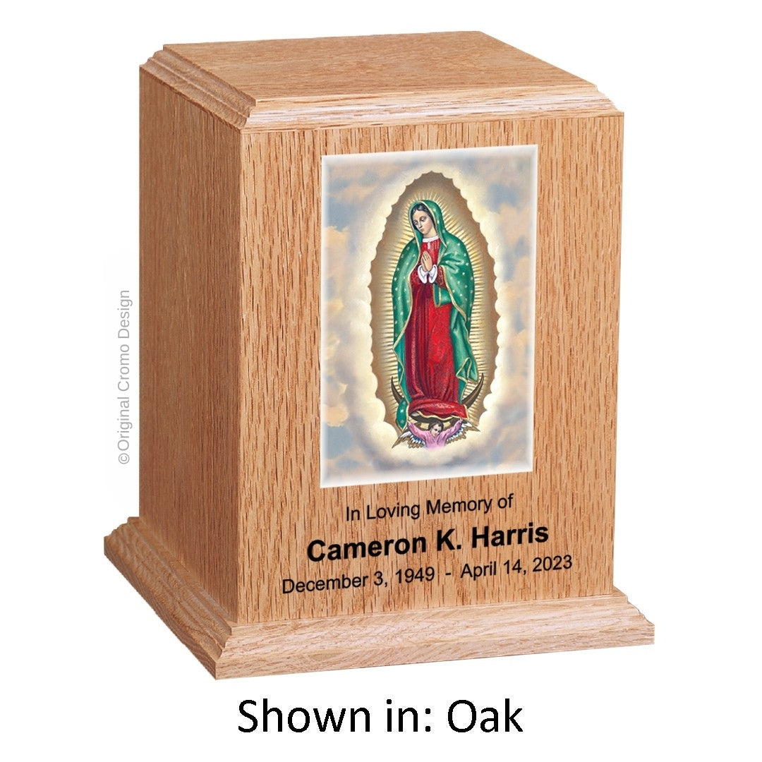 Catholic cremation urn with Our Lady of Guadalupe English Wood finish by Cromo NB