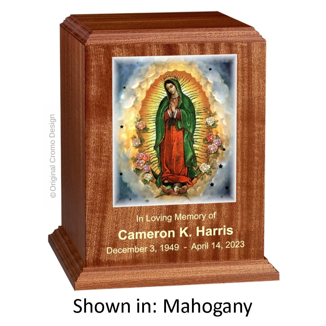 Catholic cremation urn with Our Lady of Guadalupe Spanish Wood finish by Cromo NB