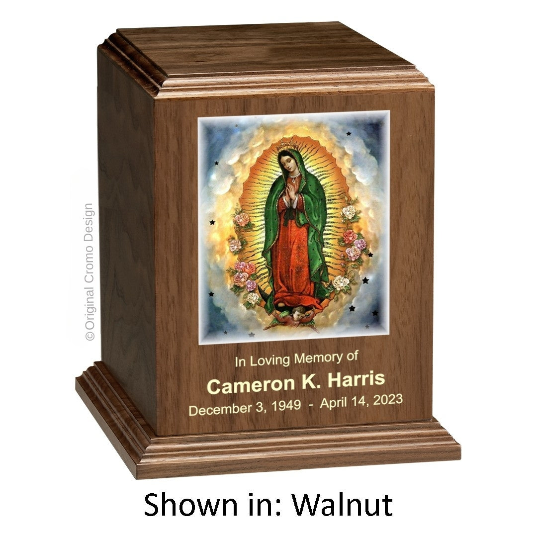 Catholic cremation urn with Our Lady of Guadalupe Spanish Wood finish by Cromo NB