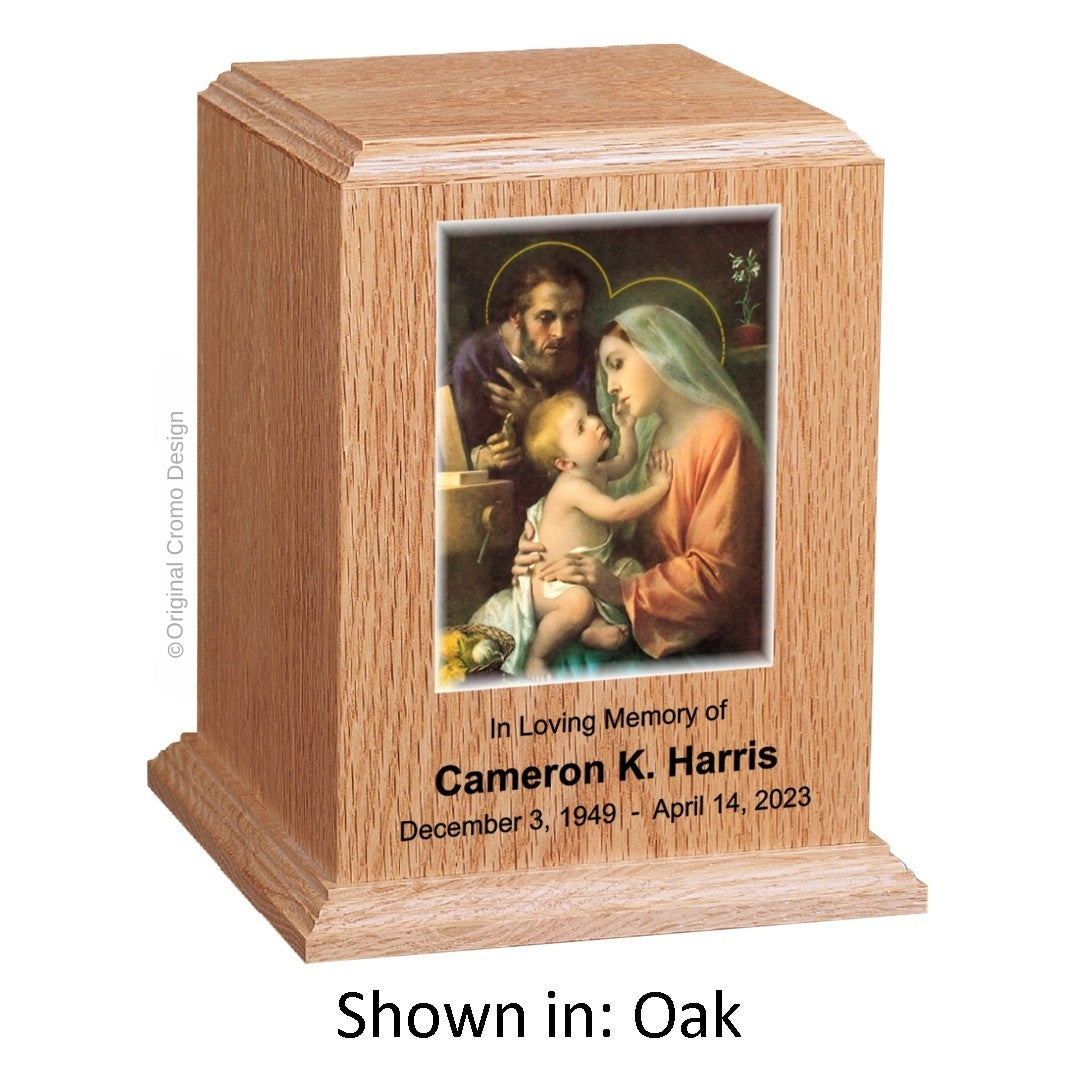 Catholic cremation urn with Holy Family Wood finish by Cromo NB