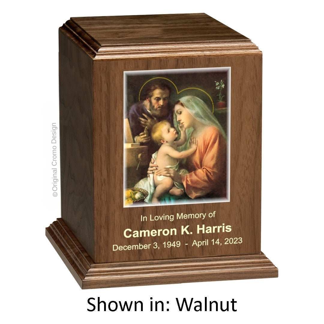Catholic cremation urn with Holy Family Wood finish by Cromo NB