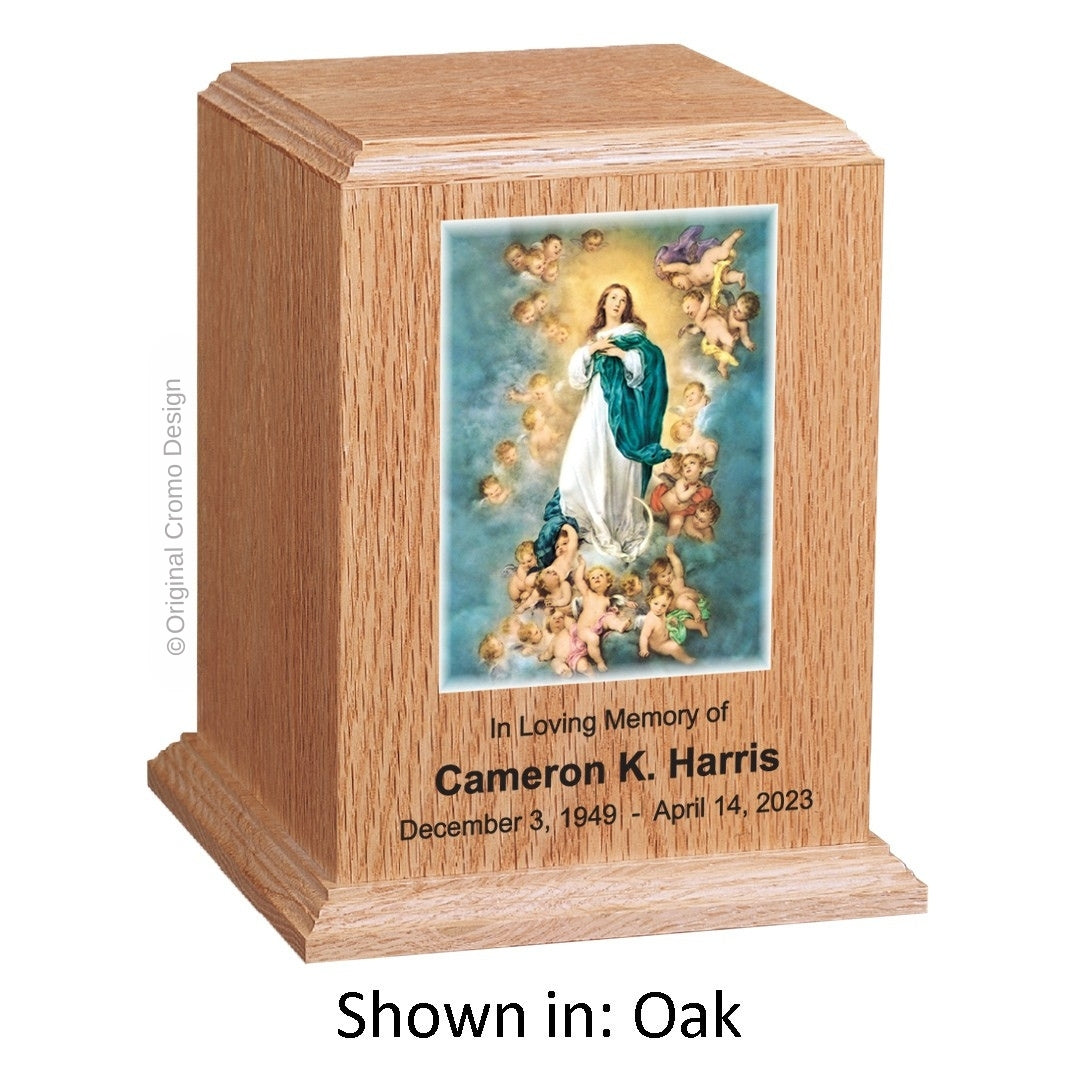 Catholic cremation urn with Immaculate Conception Wood finish by Cromo NB