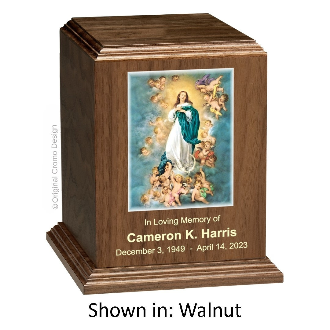 Catholic cremation urn with Immaculate Conception Wood finish by Cromo NB