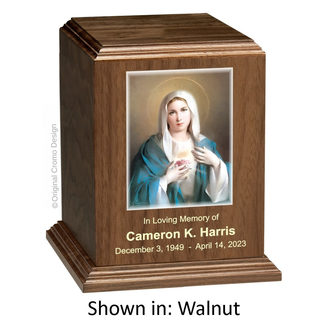 Catholic cremation urn with Paradise Jesus Hugging Wood finish by Cromo NB