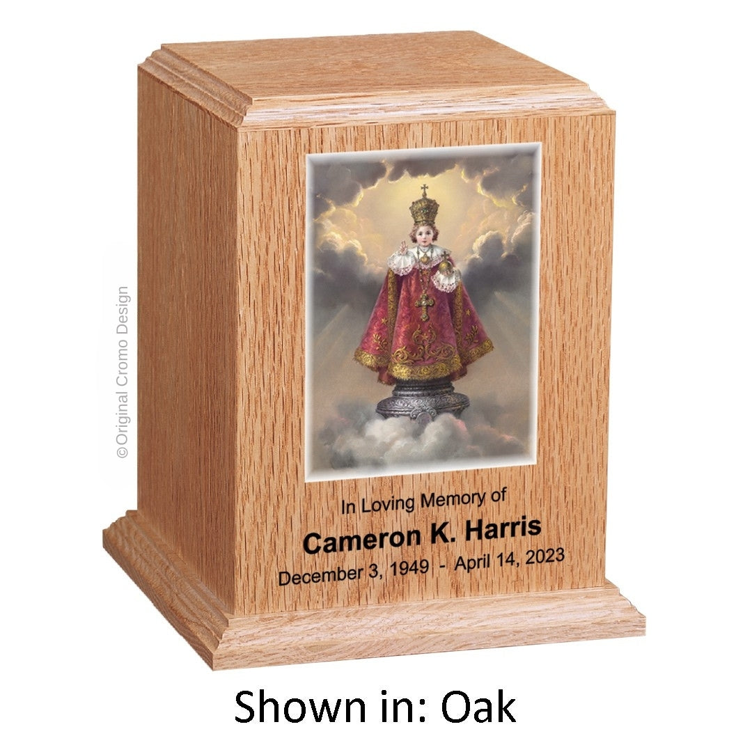 Catholic cremation urn with Immaculate Heart of Mary Wood finish by Cromo NB