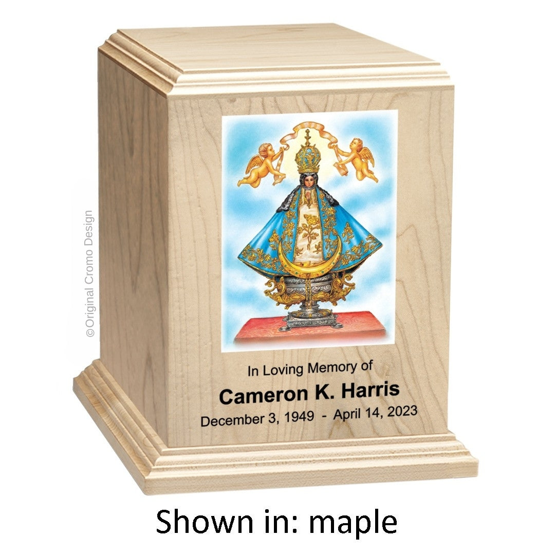 Catholic cremation urn with Infant of Prague Wood finish by Cromo NB