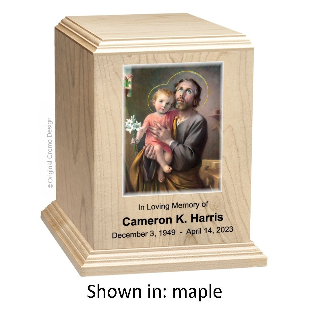 Catholic cremation urn with Our Lady of San Juan de Lagos Wood finish by Cromo NB