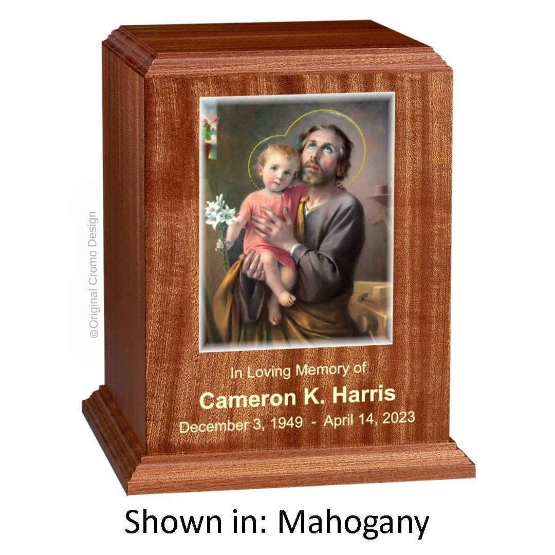 Catholic cremation urn with Saint Joseph Wood finish by Cromo NB